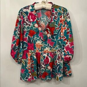 Umgee Floral Blouse - Teal, Pink, Red, White